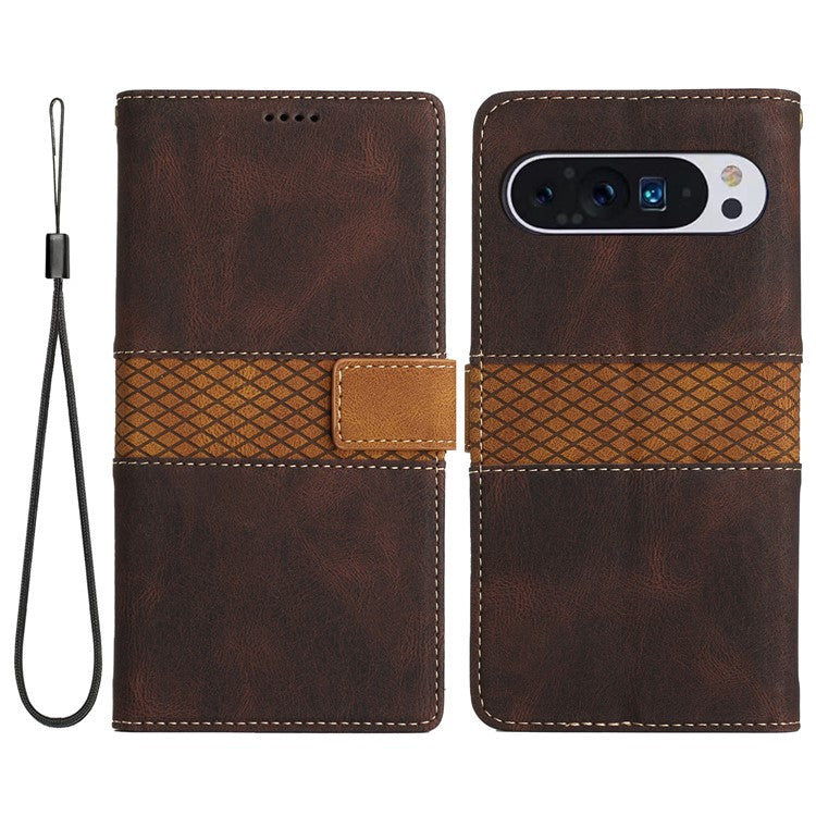 For Google Pixel 9 Pro / Pixel 9 Case Wallet PU Leather Phone Cover Grid Splicing - Brown