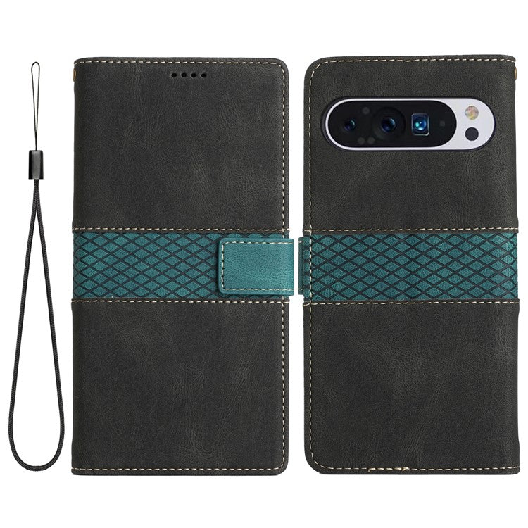 For Google Pixel 9 Pro / Pixel 9 Case Wallet PU Leather Phone Cover Grid Splicing - Black