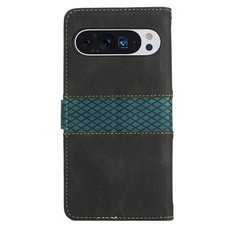 For Google Pixel 9 Pro / Pixel 9 Case Wallet PU Leather Phone Cover Grid Splicing - Black