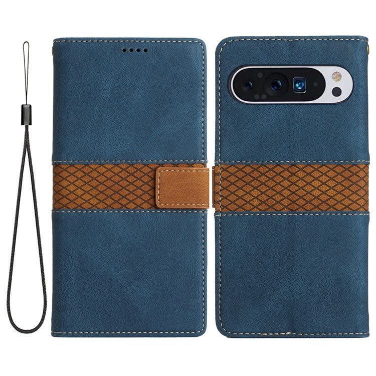 For Google Pixel 9 Pro / Pixel 9 Case Wallet PU Leather Phone Cover Grid Splicing - Blue