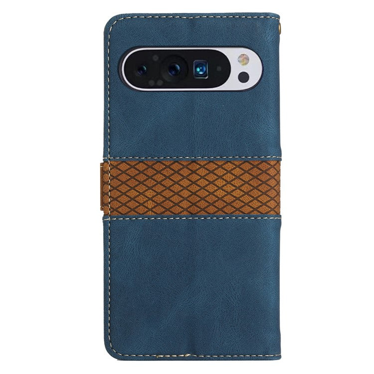 For Google Pixel 9 Pro / Pixel 9 Case Wallet PU Leather Phone Cover Grid Splicing - Blue