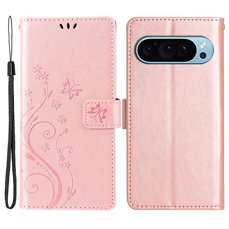 For Google Pixel 9 Pro / Pixel 9 Case Leather Butterfly Floral Design Flip Wallet Phone Cover - Rose Gold