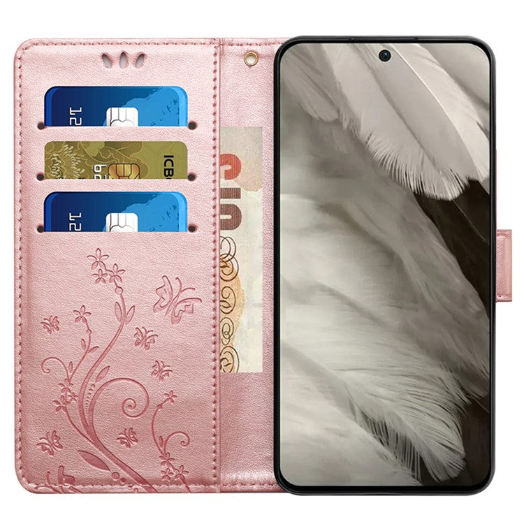 For Google Pixel 9 Pro / Pixel 9 Case Leather Butterfly Floral Design Flip Wallet Phone Cover - Rose Gold