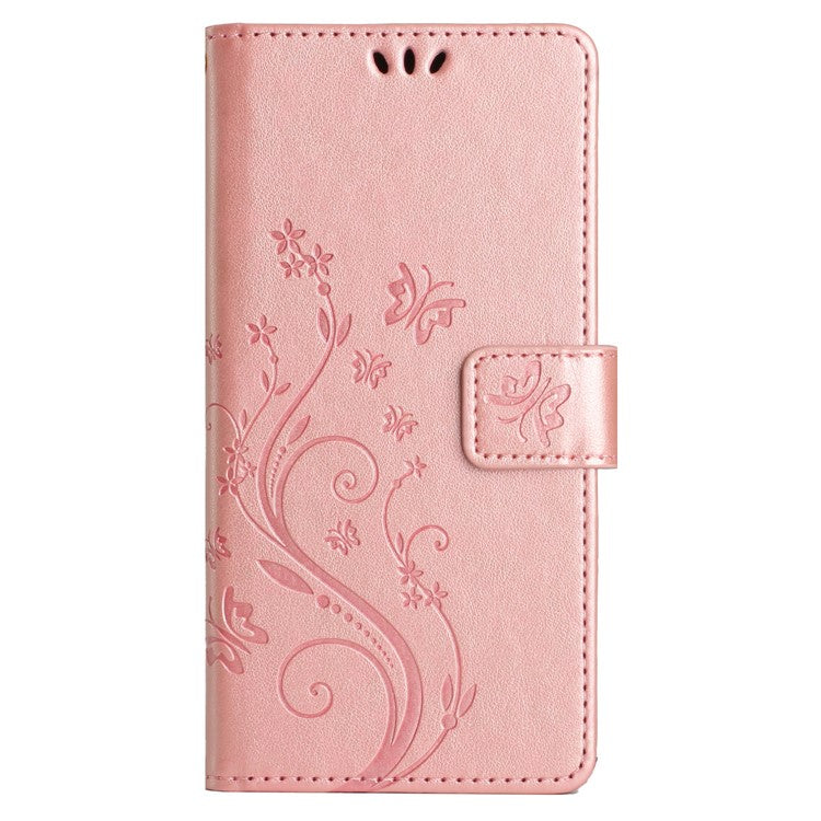 For Google Pixel 9 Pro / Pixel 9 Case Leather Butterfly Floral Design Flip Wallet Phone Cover - Rose Gold