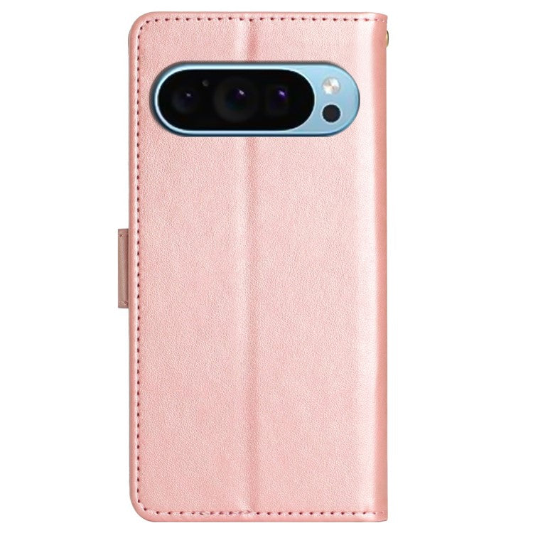 For Google Pixel 9 Pro / Pixel 9 Case Leather Butterfly Floral Design Flip Wallet Phone Cover - Rose Gold