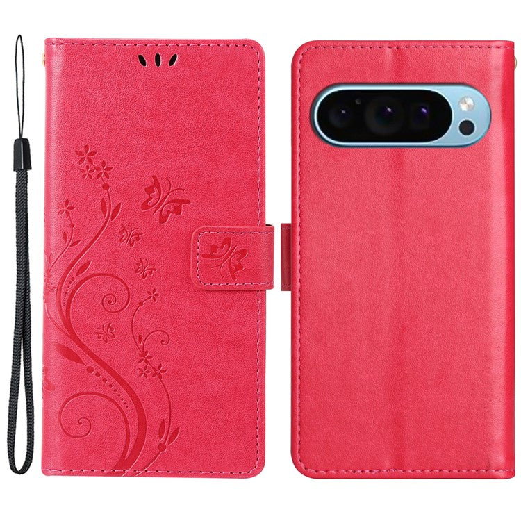 For Google Pixel 9 Pro / Pixel 9 Case Leather Butterfly Floral Design Flip Wallet Phone Cover - Red