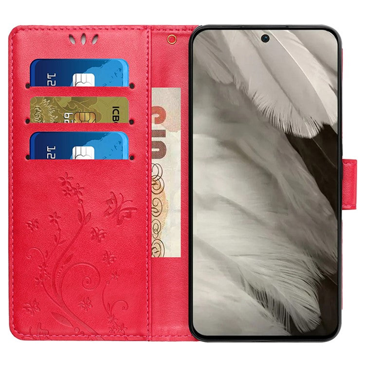 For Google Pixel 9 Pro / Pixel 9 Case Leather Butterfly Floral Design Flip Wallet Phone Cover - Red