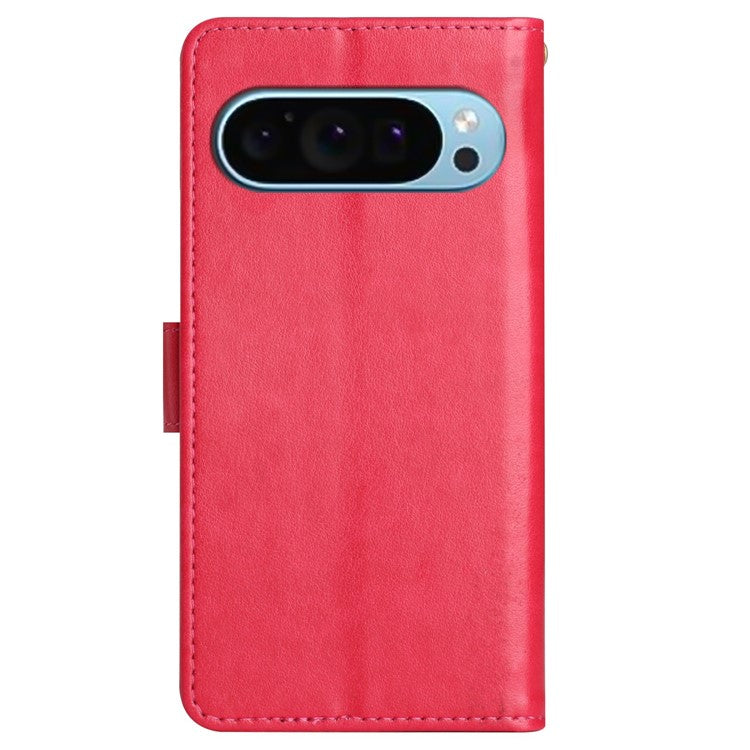 For Google Pixel 9 Pro / Pixel 9 Case Leather Butterfly Floral Design Flip Wallet Phone Cover - Red