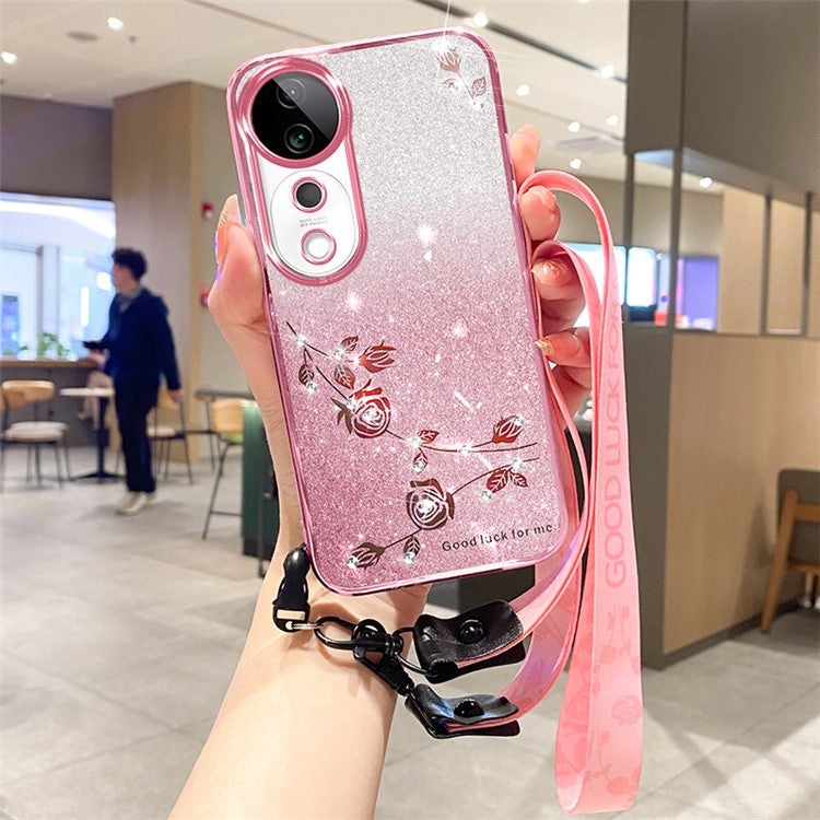 KADEM For vivo S19 Pro 5G Case TPU Glitter Flower Phone Cover with Lanyard - Rose Gold