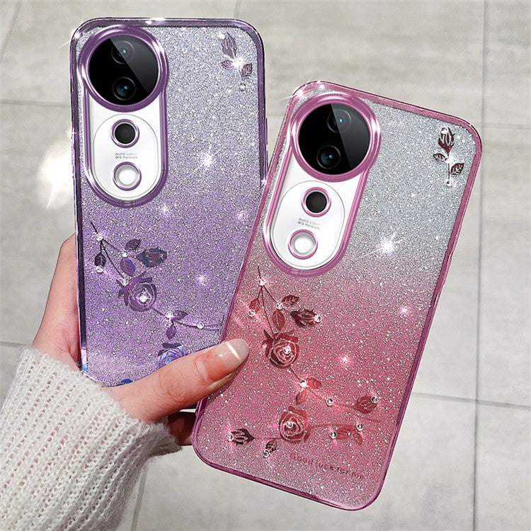 KADEM For vivo S19 Pro 5G Case TPU Glitter Flower Phone Cover with Lanyard - Rose Gold