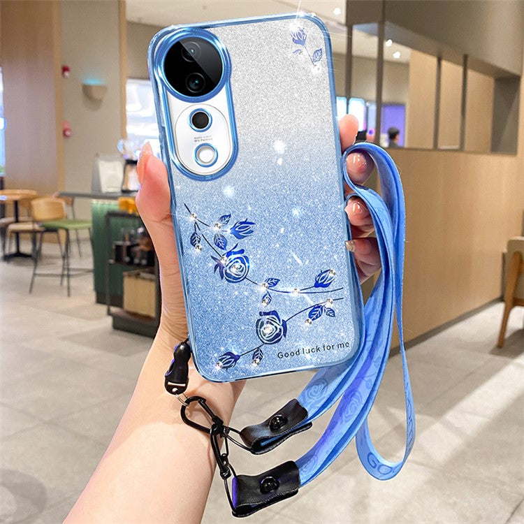 KADEM For vivo S19 Pro 5G Case TPU Glitter Flower Phone Cover with Lanyard - Blue