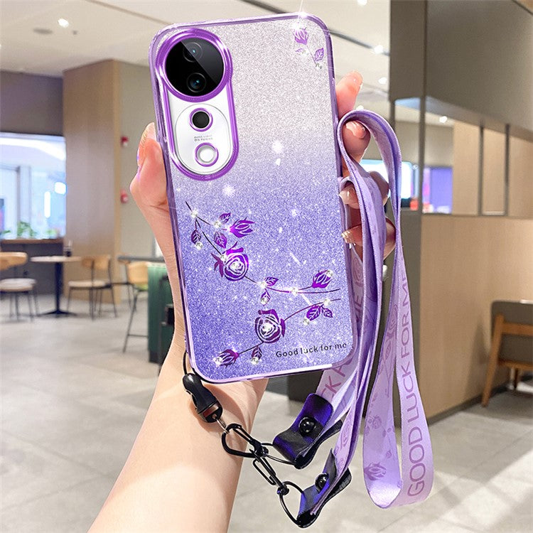 KADEM For vivo S19 Pro 5G Case TPU Glitter Flower Phone Cover with Lanyard - Purple