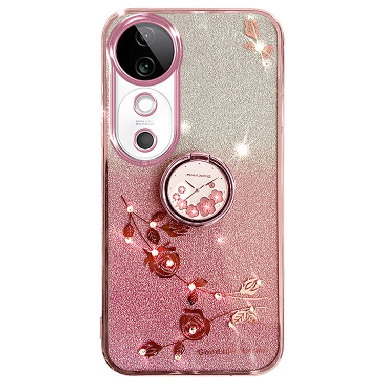 KADEM For vivo S19 5G Case Gradient Flowers Glitter TPU Phone Cover with Ring Kickstand - Rose Gold