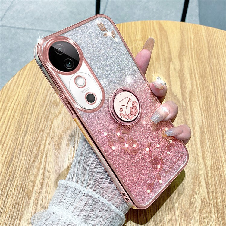 KADEM For vivo S19 5G Case Gradient Flowers Glitter TPU Phone Cover with Ring Kickstand - Rose Gold