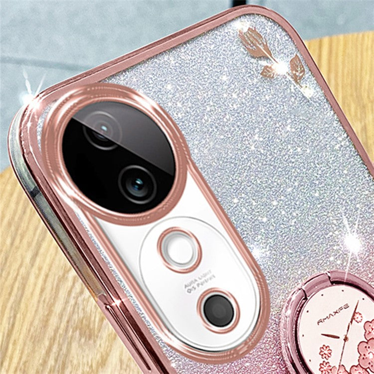 KADEM For vivo S19 5G Case Gradient Flowers Glitter TPU Phone Cover with Ring Kickstand - Rose Gold