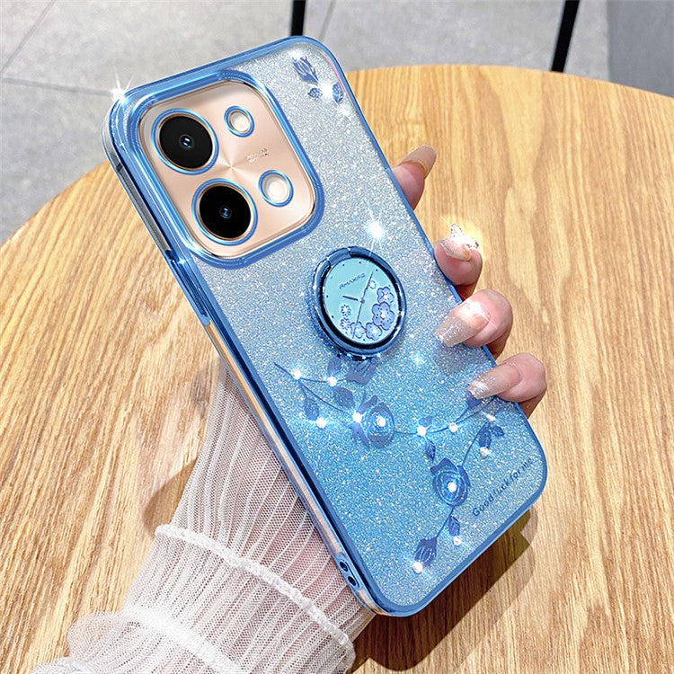 KADEM For vivo Y28 4G Case Kickstand Glitter Flowers TPU Shockproof Phone Cover - Blue