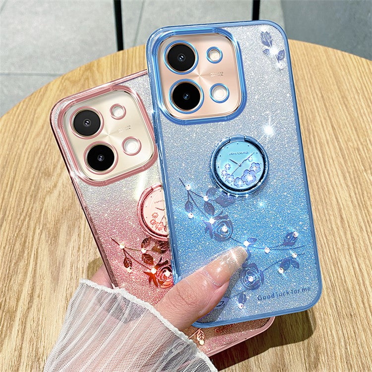 KADEM For vivo Y28 4G Case Kickstand Glitter Flowers TPU Shockproof Phone Cover - Blue