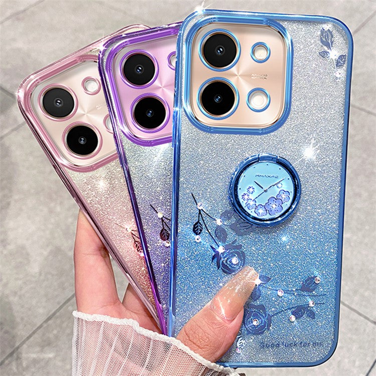 KADEM For vivo Y28 4G Case Kickstand Glitter Flowers TPU Shockproof Phone Cover - Blue