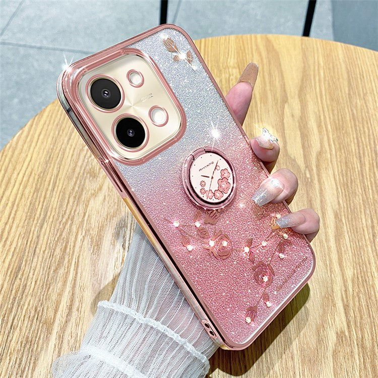 KADEM For vivo Y28 4G Case Kickstand Glitter Flowers TPU Shockproof Phone Cover - Rose Gold