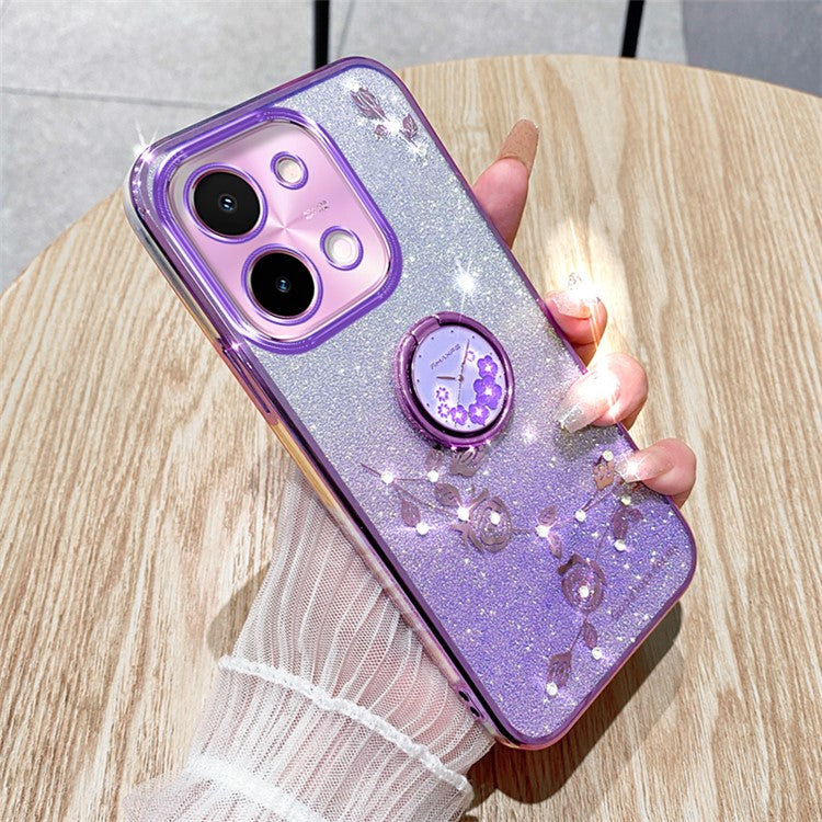 KADEM For vivo Y28 4G Case Kickstand Glitter Flowers TPU Shockproof Phone Cover - Purple