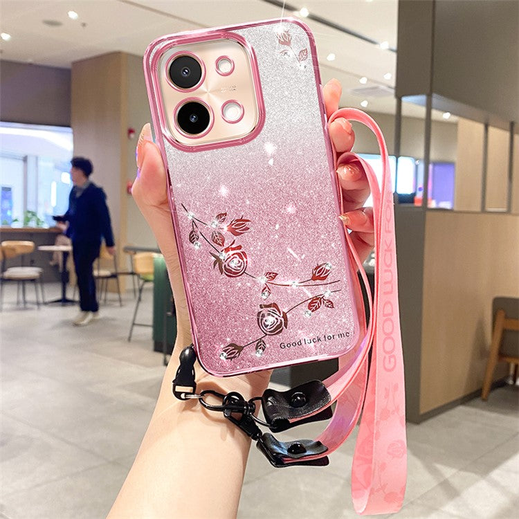 KADEM For vivo Y28 4G Case Gradient Glitter TPU Phone Cover with Lanyard - Rose Gold