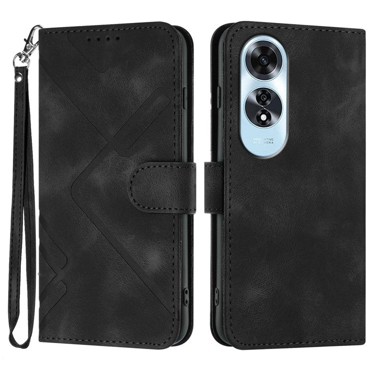 YX0040 For Oppo A60 4G Case Wallet Geometric Phone Leather Cover with Hand Strap - Black