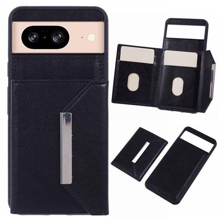 For Google Pixel 8 Case Leather Phone Back Cover with Card Slot Kickstand - Black