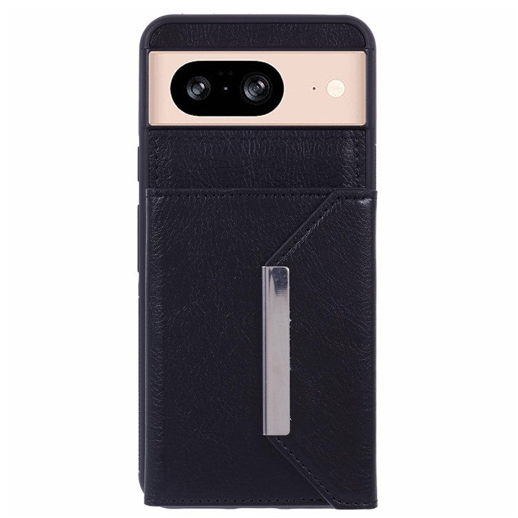 For Google Pixel 8 Case Leather Phone Back Cover with Card Slot Kickstand - Black