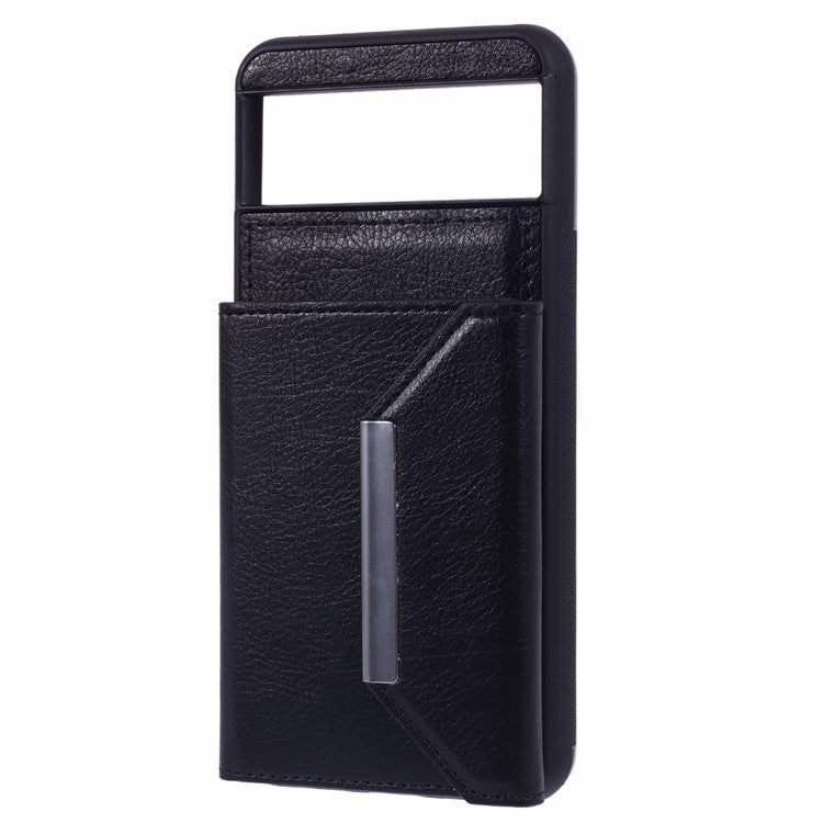 For Google Pixel 8 Case Leather Phone Back Cover with Card Slot Kickstand - Black