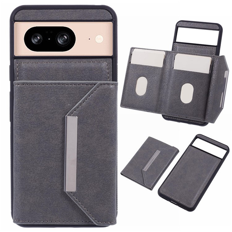 For Google Pixel 8 Case Leather Phone Back Cover with Card Slot Kickstand - Grey