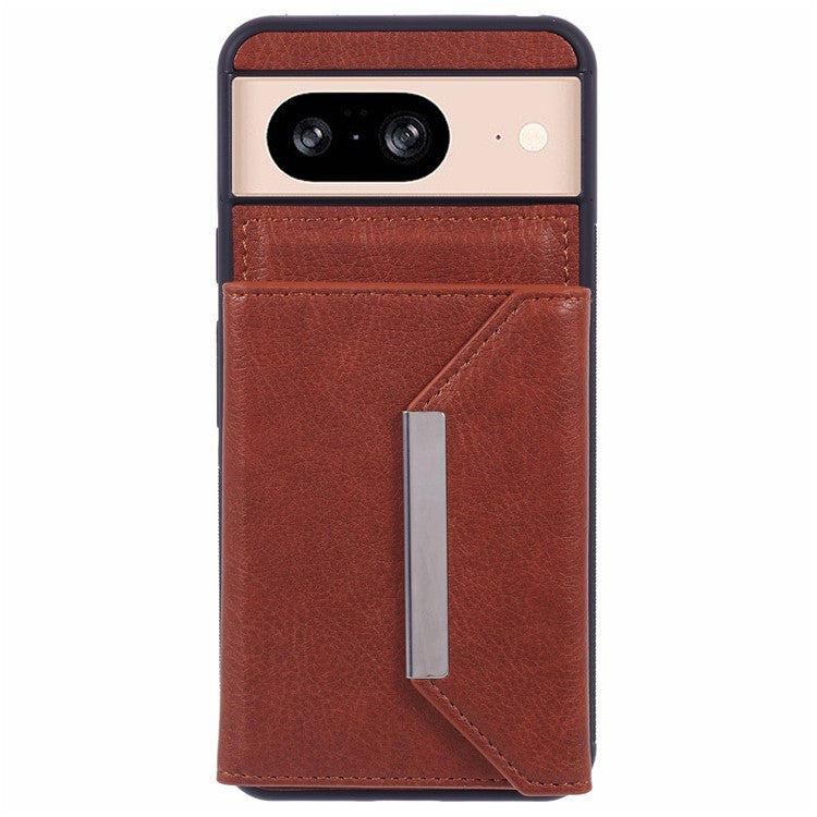 For Google Pixel 8 Case Leather Phone Back Cover with Card Slot Kickstand - Brown