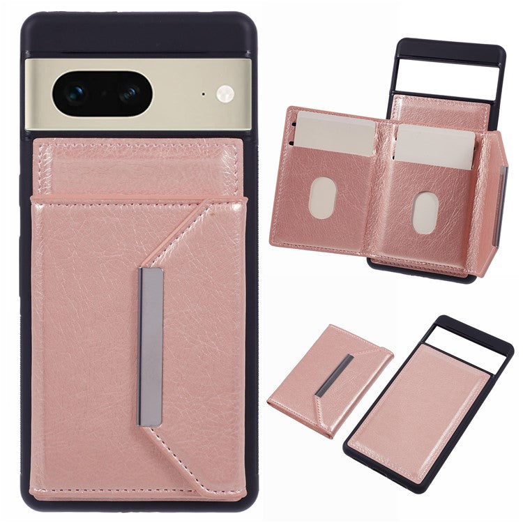 For Google Pixel 7 5G Case Shockproof Kickstand Phone Cover with Card Bag - Rose Gold