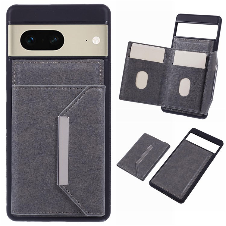 For Google Pixel 7 5G Case Shockproof Kickstand Phone Cover with Card Bag - Grey