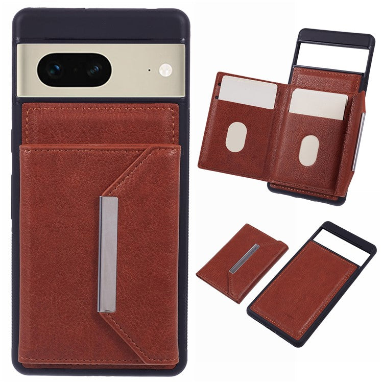 For Google Pixel 7 5G Case Shockproof Kickstand Phone Cover with Card Bag - Brown