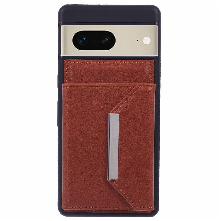 For Google Pixel 7 5G Case Shockproof Kickstand Phone Cover with Card Bag - Brown