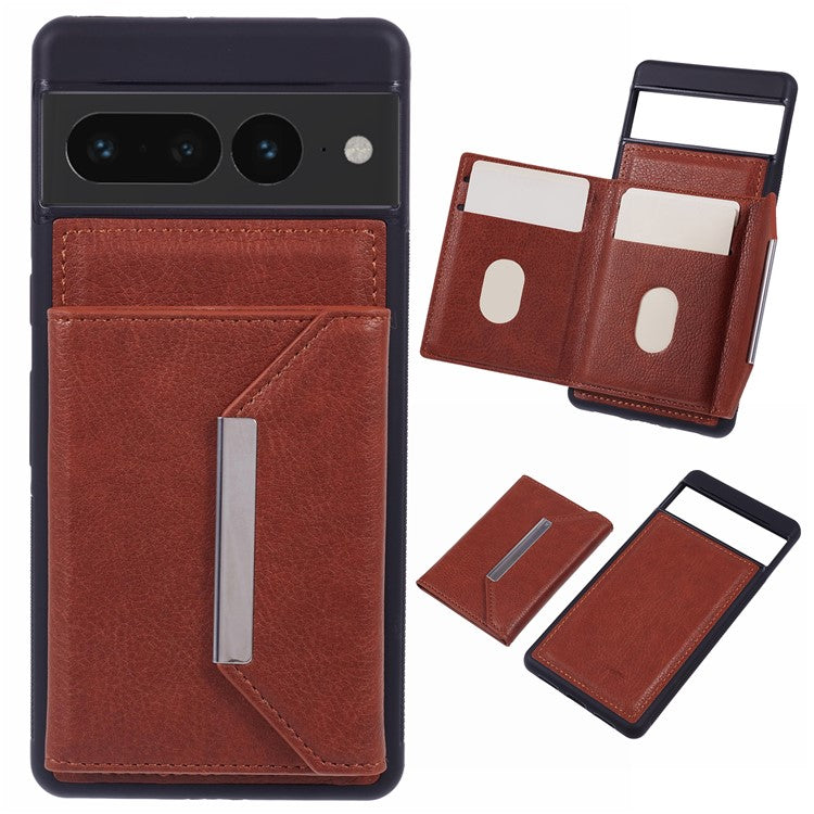 For Google Pixel 7 Pro 5G Case Anti-Scratch Card Holder Phone Cover with Kickstand - Brown