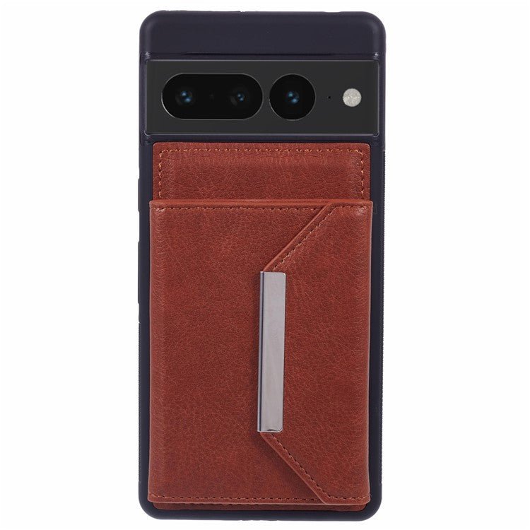 For Google Pixel 7 Pro 5G Case Anti-Scratch Card Holder Phone Cover with Kickstand - Brown