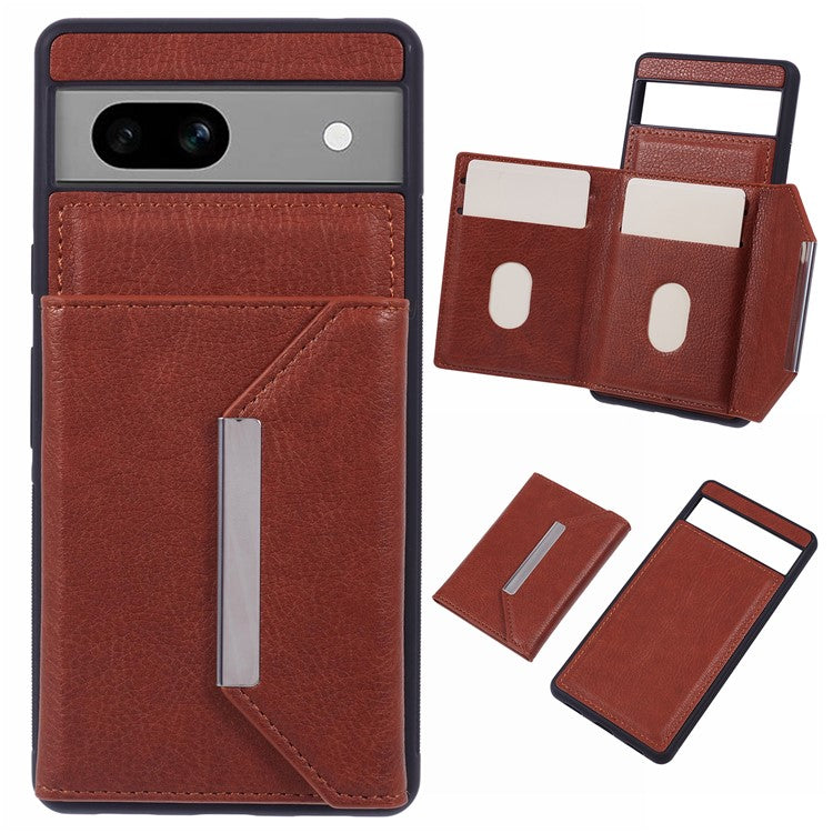 For Google Pixel 7a Case Card Bag Kickstand TPU+PU Phone Cover - Brown