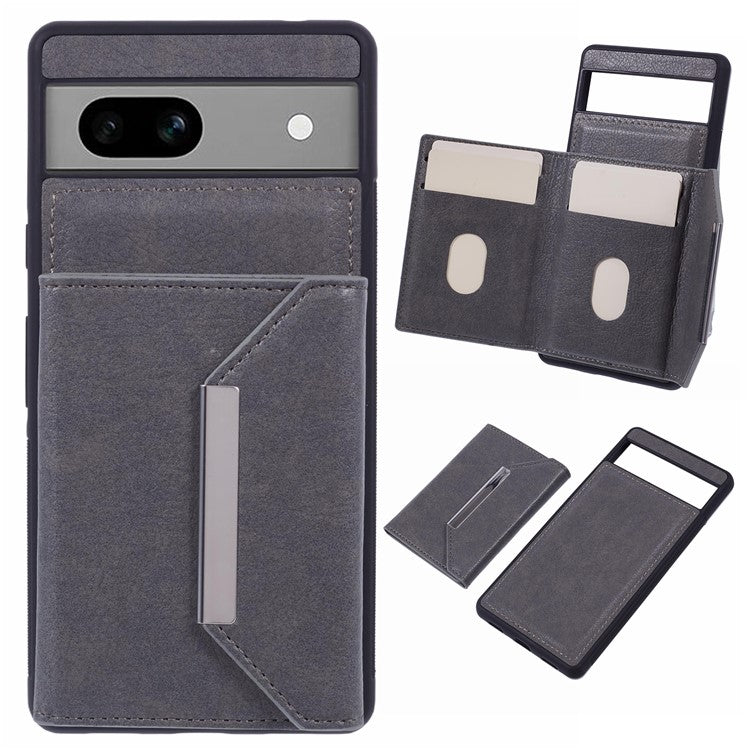 For Google Pixel 7a Case Card Bag Kickstand TPU+PU Phone Cover - Grey