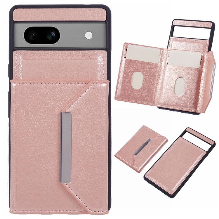 For Google Pixel 7a Case Card Bag Kickstand TPU+PU Phone Cover - Rose Gold