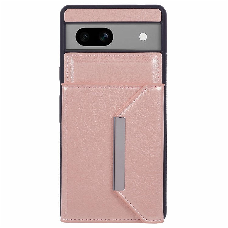 For Google Pixel 7a Case Card Bag Kickstand TPU+PU Phone Cover - Rose Gold