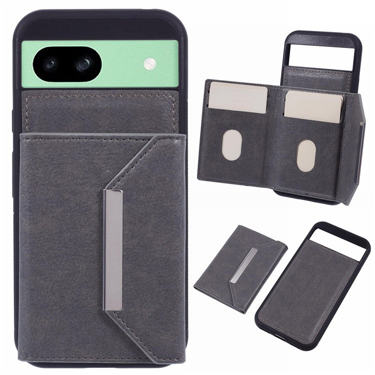 For Google Pixel 8a Case Card Bag Kickstand TPU+PU Phone Cover - Grey