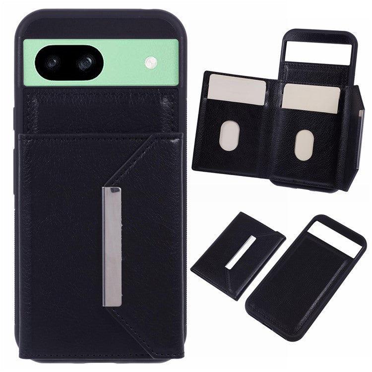 For Google Pixel 8a Case Card Bag Kickstand TPU+PU Phone Cover - Black