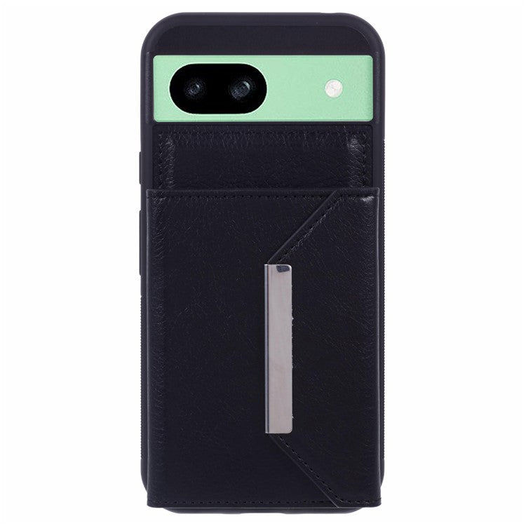 For Google Pixel 8a Case Card Bag Kickstand TPU+PU Phone Cover - Black