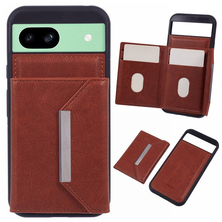 For Google Pixel 8a Case Card Bag Kickstand TPU+PU Phone Cover - Brown