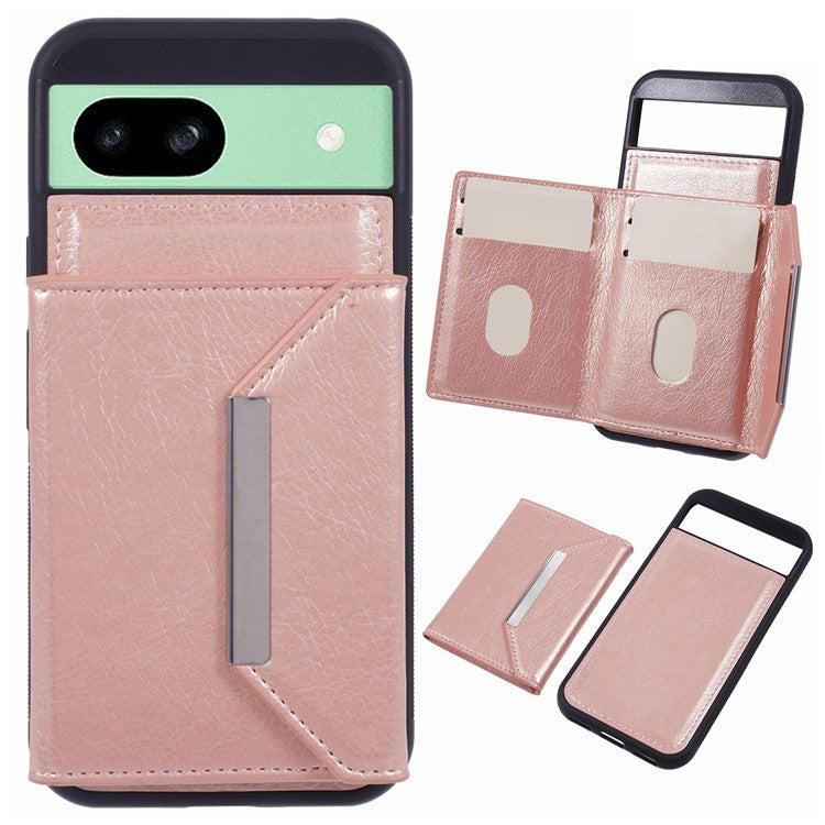 For Google Pixel 8a Case Card Bag Kickstand TPU+PU Phone Cover - Rose Gold