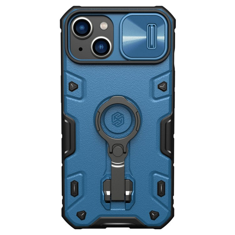 NILLKIN-CamShield-Armor-Pro-PC-+-TPU-Case-for-iPhone-14-/-iPhone-13,-Slide-Lens-Protection-Tire-Texture-Kickstand-Phone-Cover---Blue