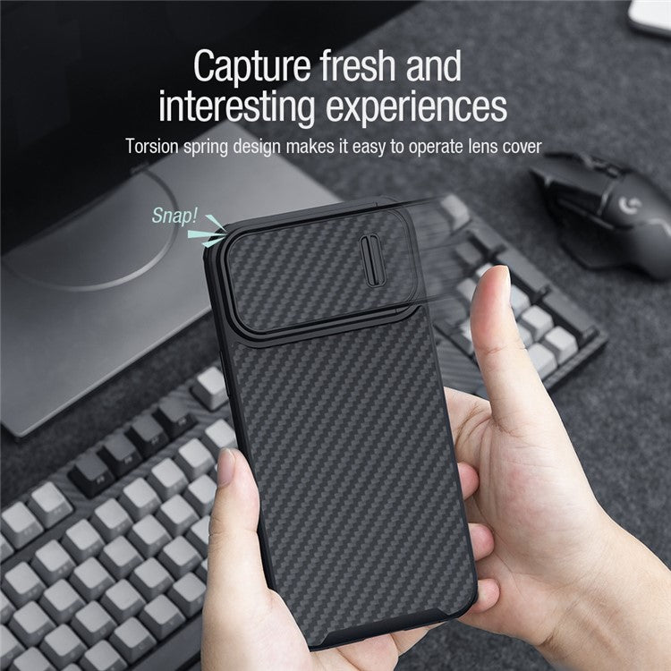 NILLKIN-Carbon-Fiber-Case-for-iPhone-14-/-iPhone-13,-Hard-PC-Back-TPU-Frame-Phone-Cover-with-Slide-Camera-Protection