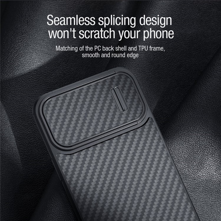 NILLKIN-Carbon-Fiber-Case-for-iPhone-14-/-iPhone-13,-Hard-PC-Back-TPU-Frame-Phone-Cover-with-Slide-Camera-Protection