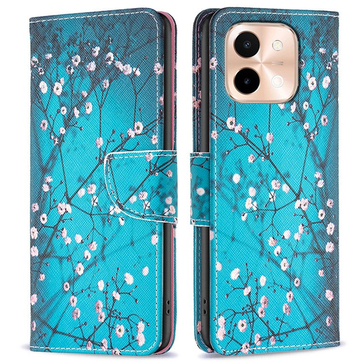 For vivo Y28 4G Case Leather Wallet Stand Phone Cover Pattern Printing - Plum Blossom